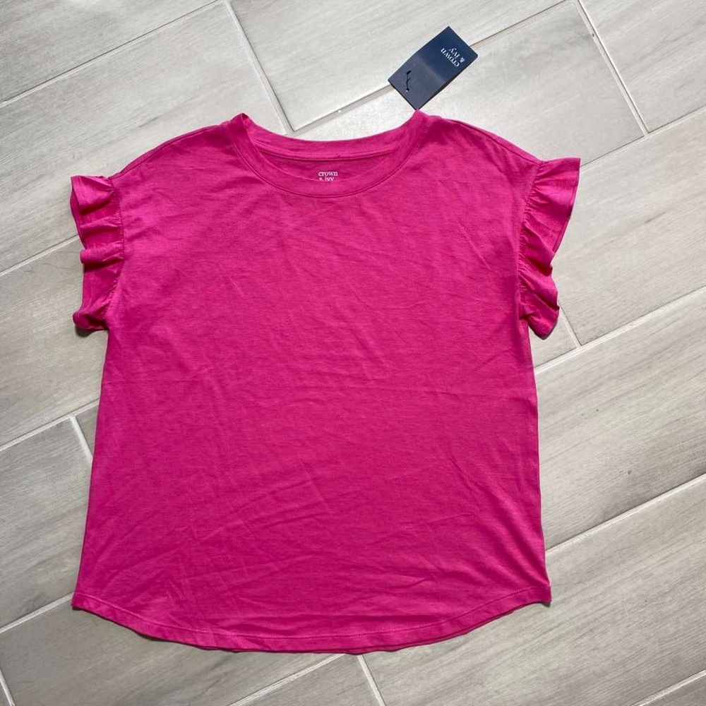Crown And Ivy Womens Core Short Sleeve Ruffle Tee Size XS Pink Pop